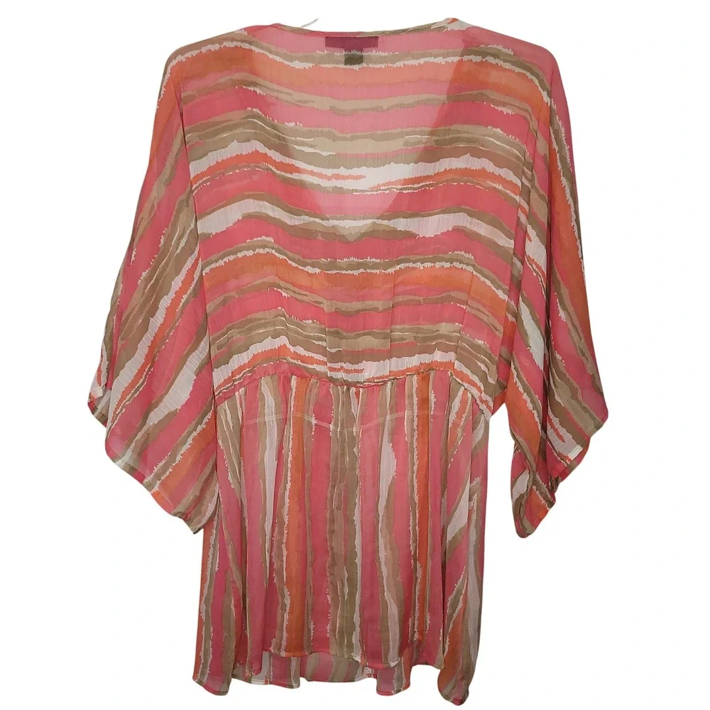 Ashley Stewart Chiffon Tunic 14/16 Coral Aztec Peasant Macrame Boho Beach Resort